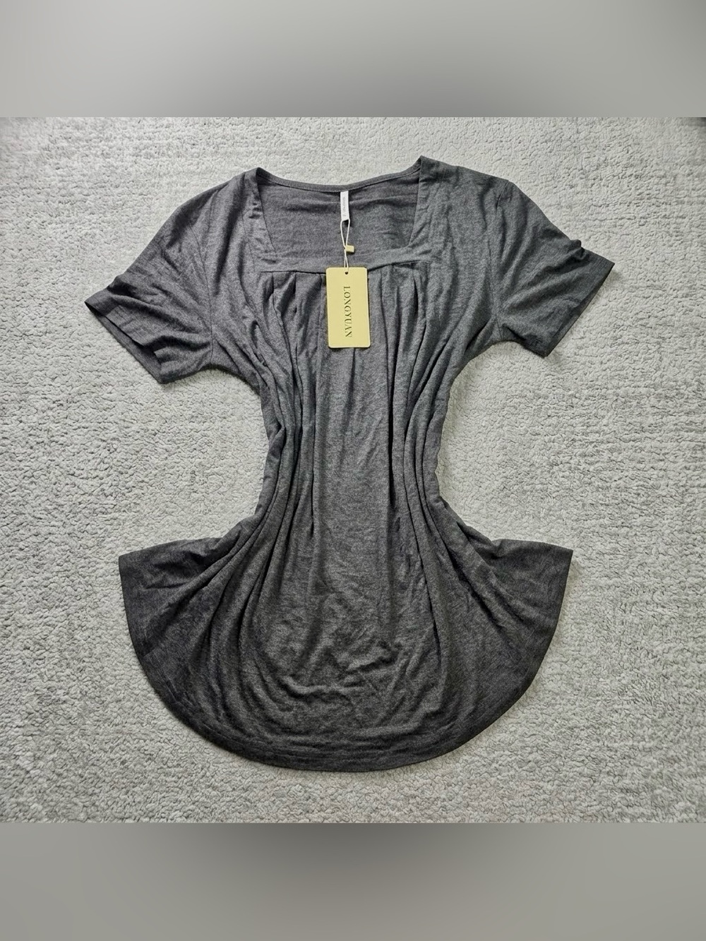NWT LONGYUAN Charcoal Grey Pleated Square Neck Short Sleeve Tunic Top Womens XL